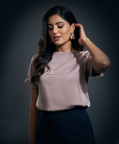 Short Sleeve Satin Solid Top-Brown